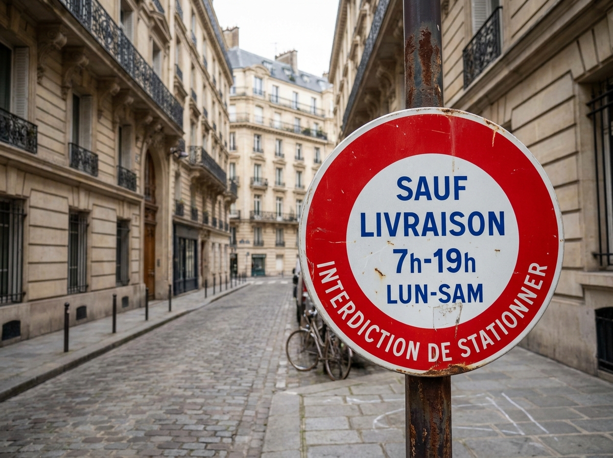 Panneau d'interdiction de stationner rouge et blanc sur un poteau métallique dans une rue parisienne avec façades haussmanniennes en arrière-plan
