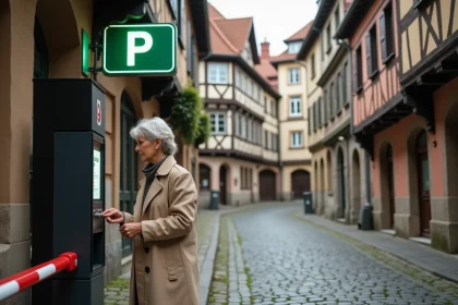 Entrée d'un parking payant en centre-ville de Colmar avec des bâtiments alsaciens à colombages en arrière-plan
