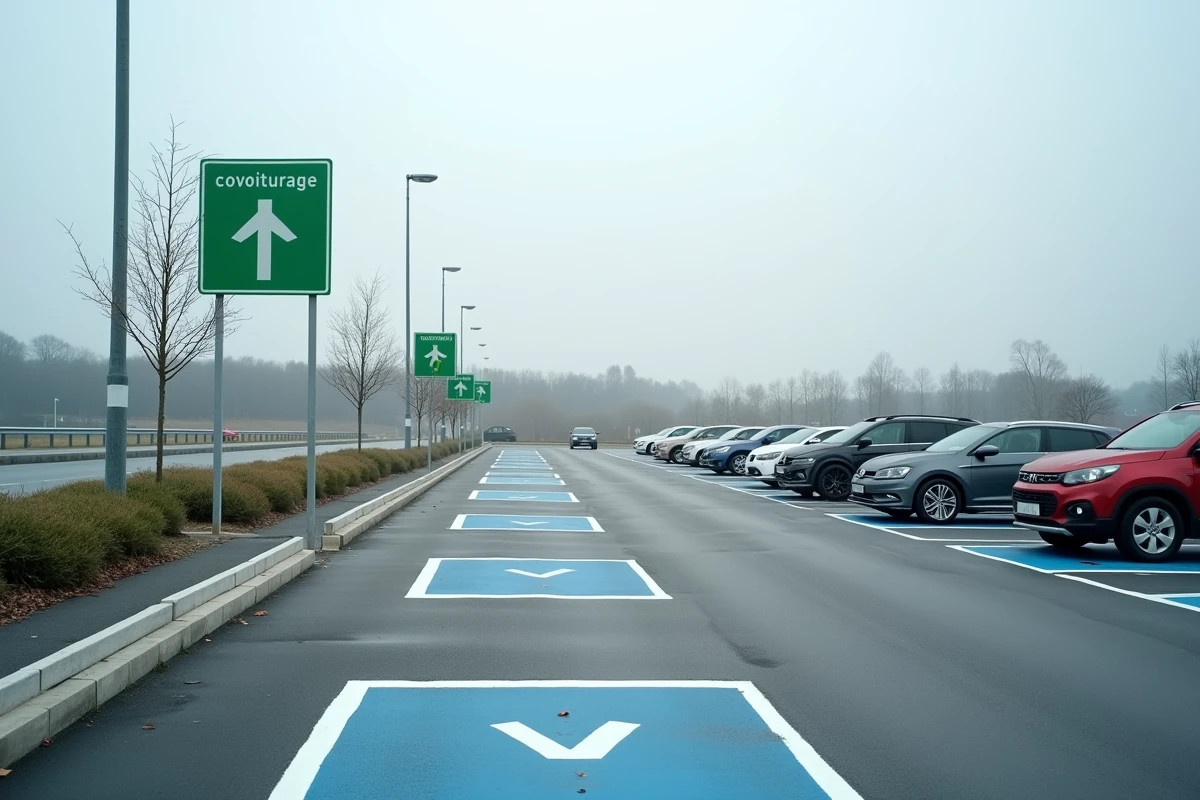 Parking de covoiturage Vinci Autoroutes à La Chapelle-Saint-Mesmin avec emplacements fléchés et panneaux de signalisation