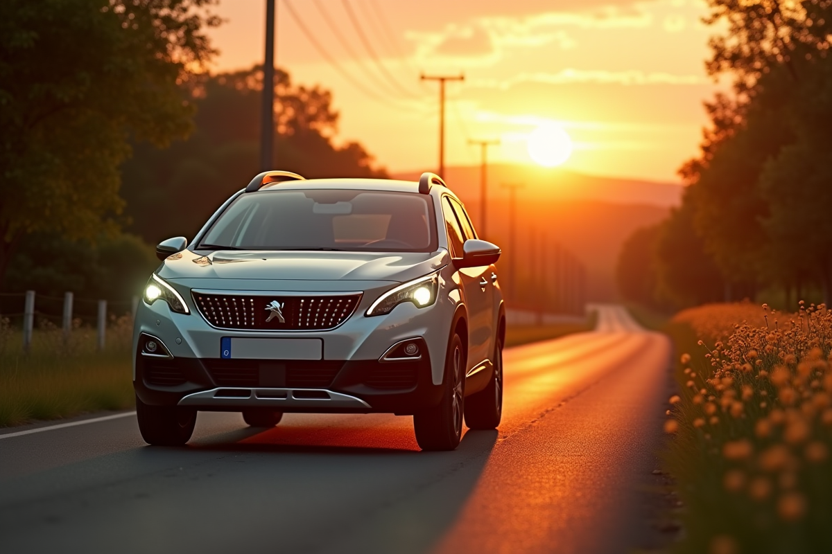 Peugeot 2008 en conduite dans la campagne au coucher du soleil