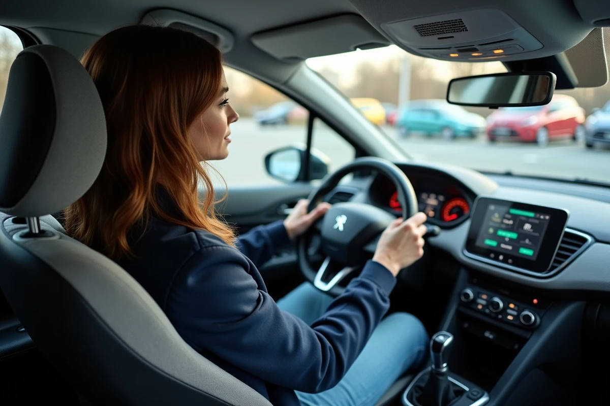 Intérieur Peugeot 208 VTi avec conductrice au volant, tableau de bord i-Cockpit et écran tactile