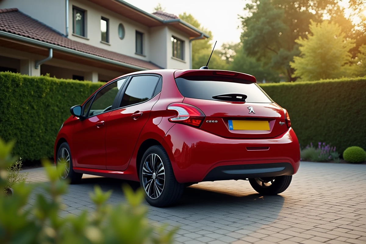 Peugeot 208 VTi rouge garée dans une allée résidentielle, vue arrière 3/4, ambiance quotidienne