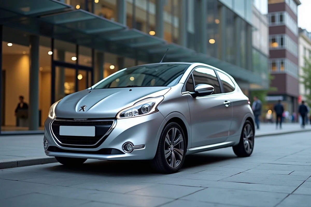 Peugeot 208 VTi argent métallisé garé en ville, vue 3/4 avant en angle bas, guide d'achat 2026