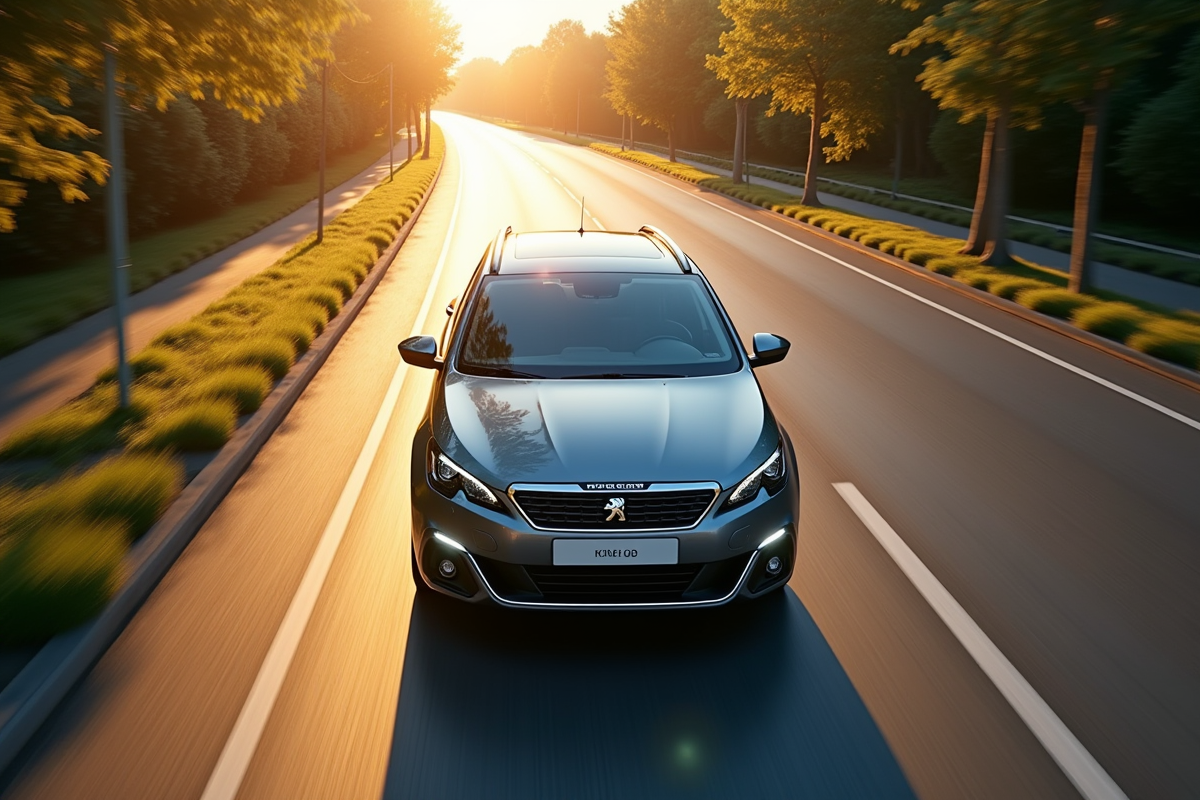 Peugeot 308 break roulant sur une route ensoleillee