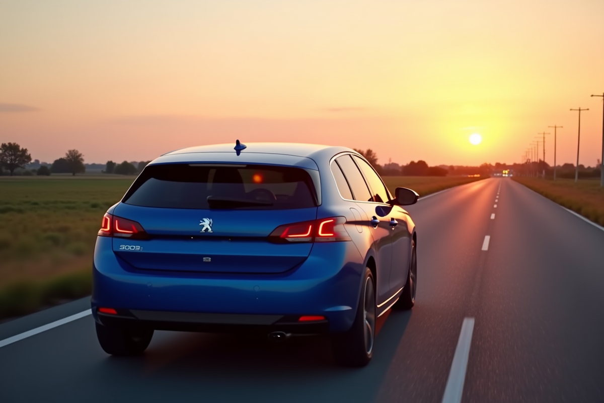 Peugeot 308 bleue vue de l’arriere au coucher du soleil