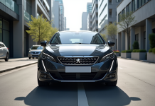 Peugeot 308 moderne stationnee en ville en plein jour