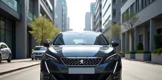 Peugeot 308 moderne stationnee en ville en plein jour