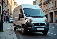Véhicule Peugeot Boxer en ville en plein jour