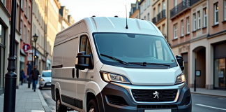 Véhicule Peugeot Boxer en ville en plein jour