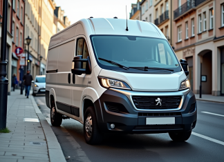 Véhicule Peugeot Boxer en ville en plein jour
