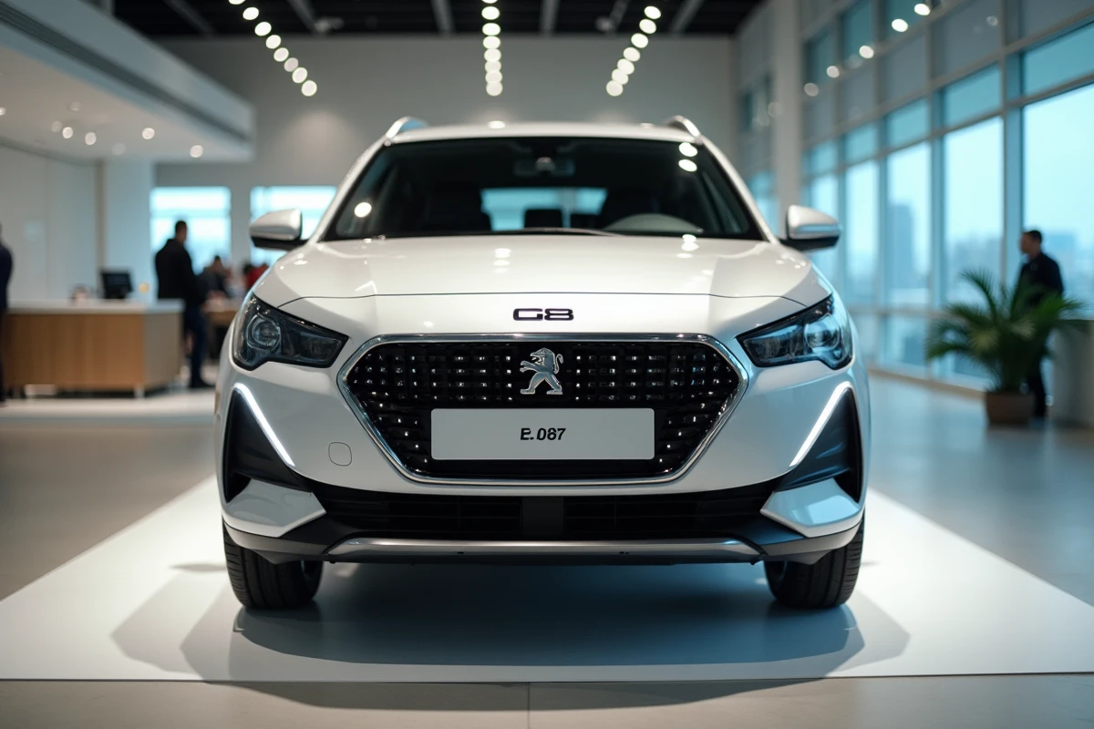 Nouvelle Peugeot e-208 exposée dans un showroom moderne avec le logo lion redessiné visible sur la face avant, illustrant l'évolution premium de la marque