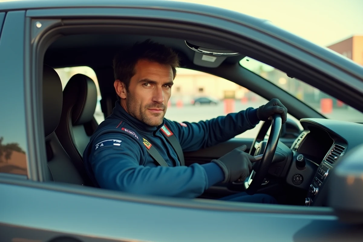 Pilote masculin en drift dans une ville ensoleillee