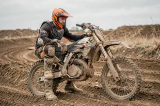 Pilote de moto cross en tenue de protection complète à côté de sa moto sur un circuit de terre, illustration pour une assurance moto cross