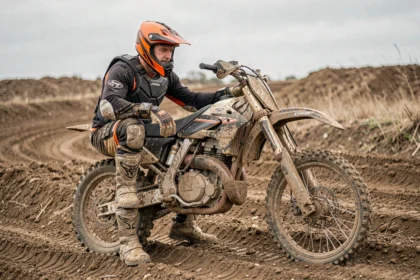 Pilote de moto cross en tenue de protection complète à côté de sa moto sur un circuit de terre, illustration pour une assurance moto cross