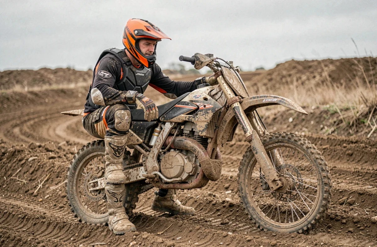Pilote de moto cross en tenue de protection complète à côté de sa moto sur un circuit de terre, illustration pour une assurance moto cross