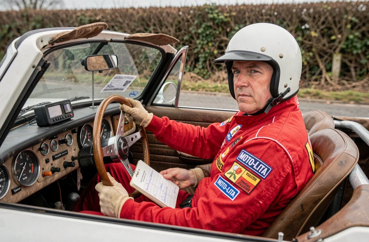 Pilote en combinaison Nomex rouge au volant d'une Triumph TR3 lors d'une spéciale de rallye, avec copilote et roadbook