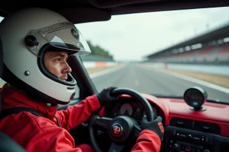 Pilote en combinaison rouge au volant d'une voiture de circuit lors d'un stage de pilotage
