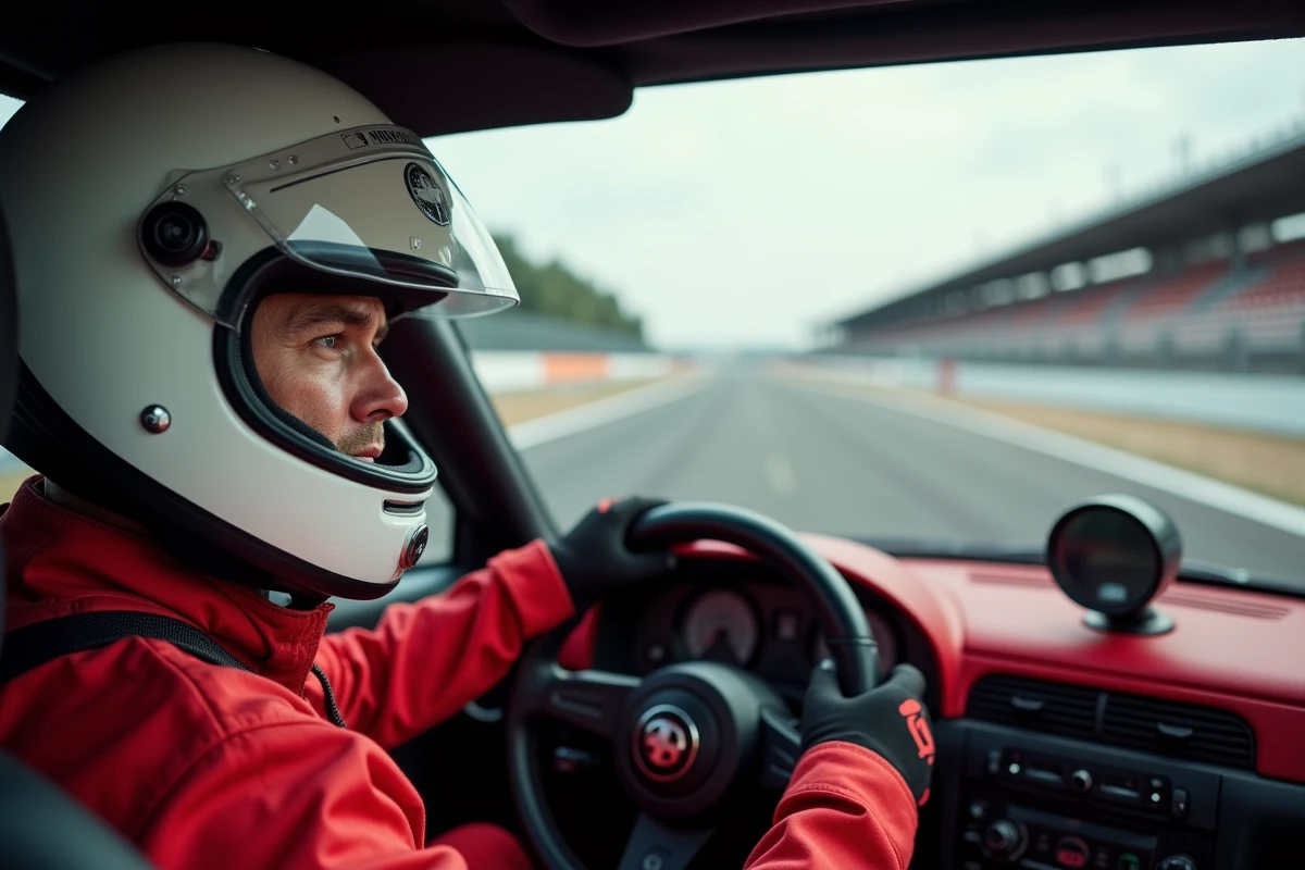 Pilote en combinaison rouge au volant d'une voiture de circuit lors d'un stage de pilotage
