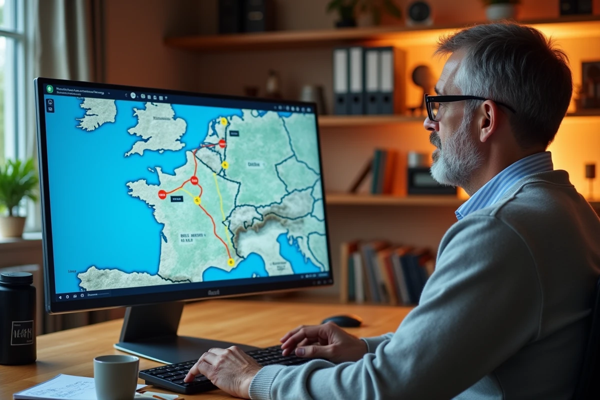Homme planifiant un trajet autoroutier en France sur un ordinateur affichant une carte interactive des autoroutes avec péages et itinéraires