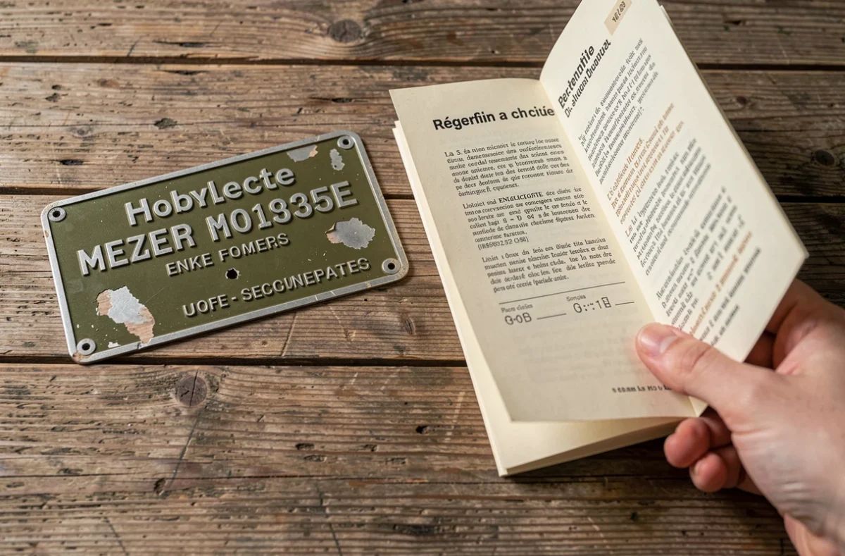 Plaque d'identification Mobylette et document d'authenticité comparés sur une table en bois