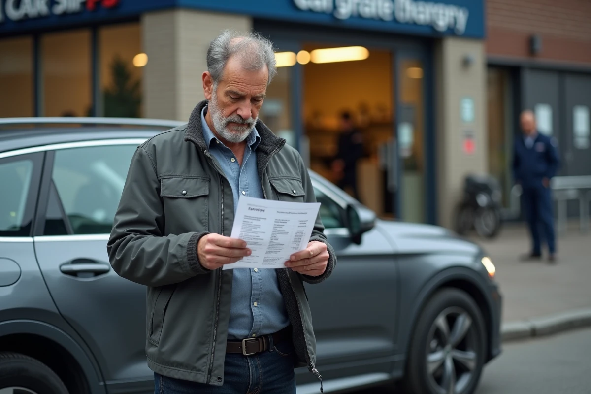 Propriétaire de voiture diesel stressé tenant une facture de réparation coûteuse devant un garage automobile pour remplacement de filtre à particules