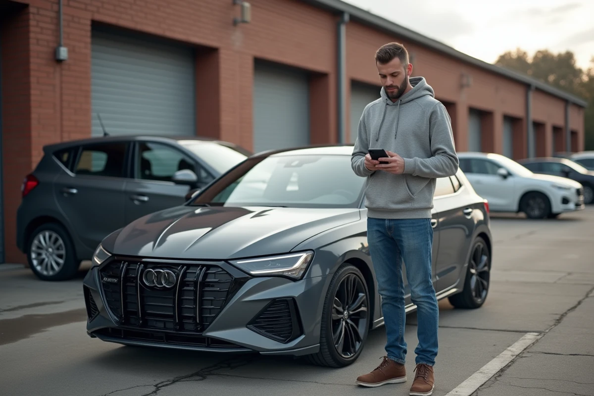 Propriétaire de voiture consultant son smartphone après une reprogrammation moteur Shiftech pour éviter les erreurs courantes