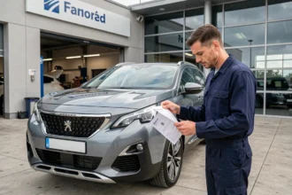 Technicien de concession Peugeot examinant un avis de rappel constructeur devant un Peugeot 3008 au service après-vente