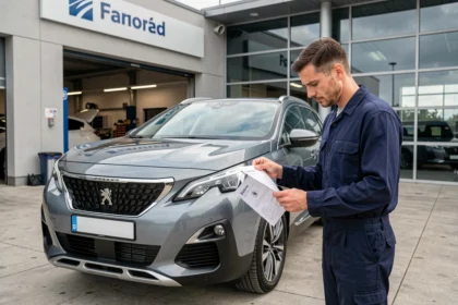 Technicien de concession Peugeot examinant un avis de rappel constructeur devant un Peugeot 3008 au service après-vente