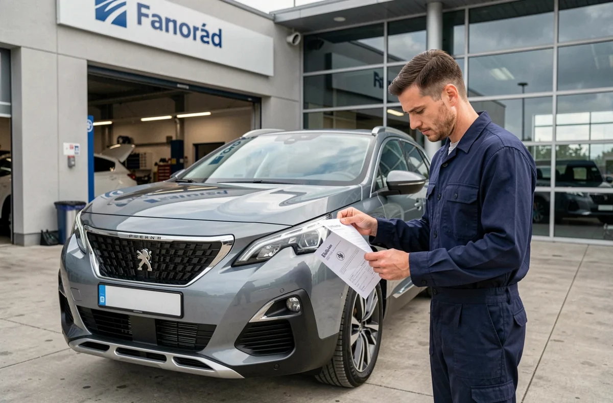 Technicien de concession Peugeot examinant un avis de rappel constructeur devant un Peugeot 3008 au service après-vente