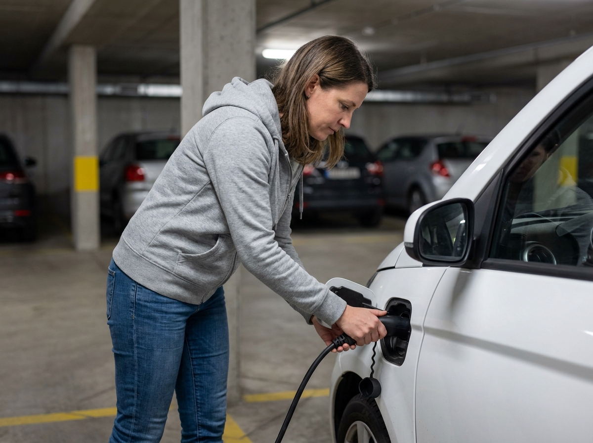 Femme branchant le câble de recharge d'une voiture sans permis électrique dans un parking souterrain résidentiel