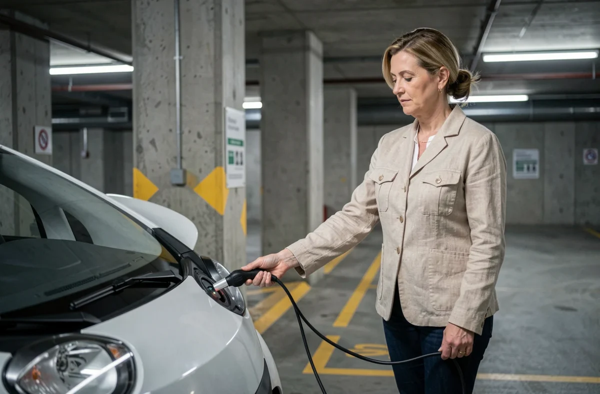 Femme branchant le câble de recharge d'une voiturette électrique dans un parking souterrain