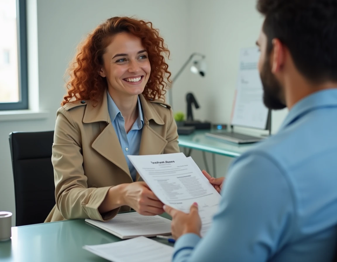 Cliente remettant ses documents à un conseiller en agence pour changer d'assurance automobile