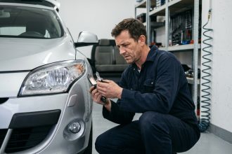 Mécanicien inspectant un ampoule de phare halogène pour Renault Megane 3 dans un garage