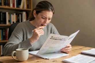 Femme adulte révisant le code de la route à son bureau après plusieurs années d'absence, entourée de livres et de notes