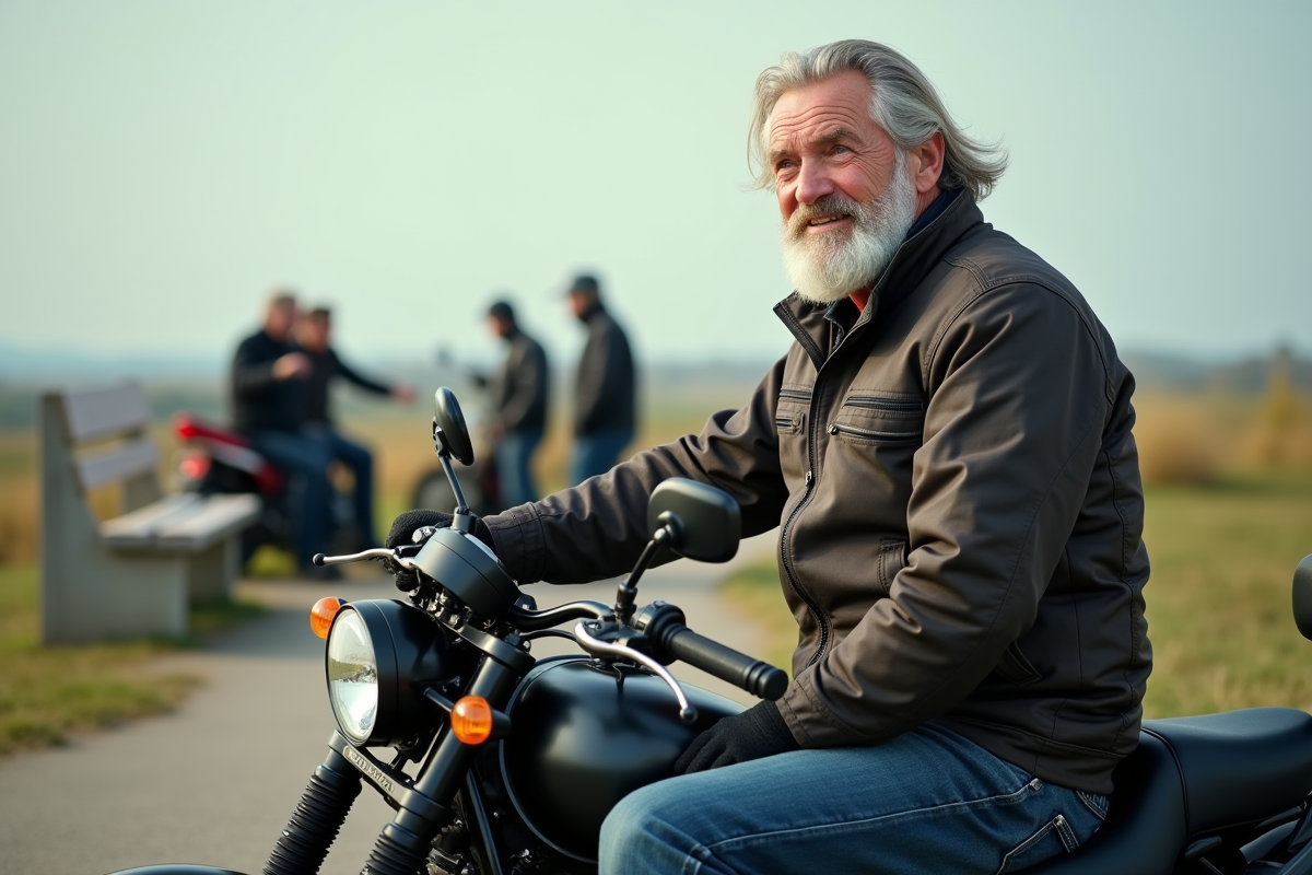 Motard âgé relaxé sur son trike en campagne