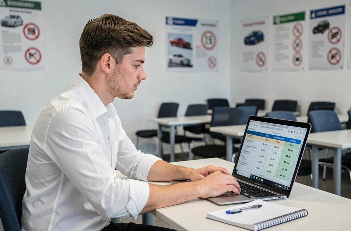 Jeune homme en salle de code comparant les prix pour repasser son permis de conduire sur un ordinateur