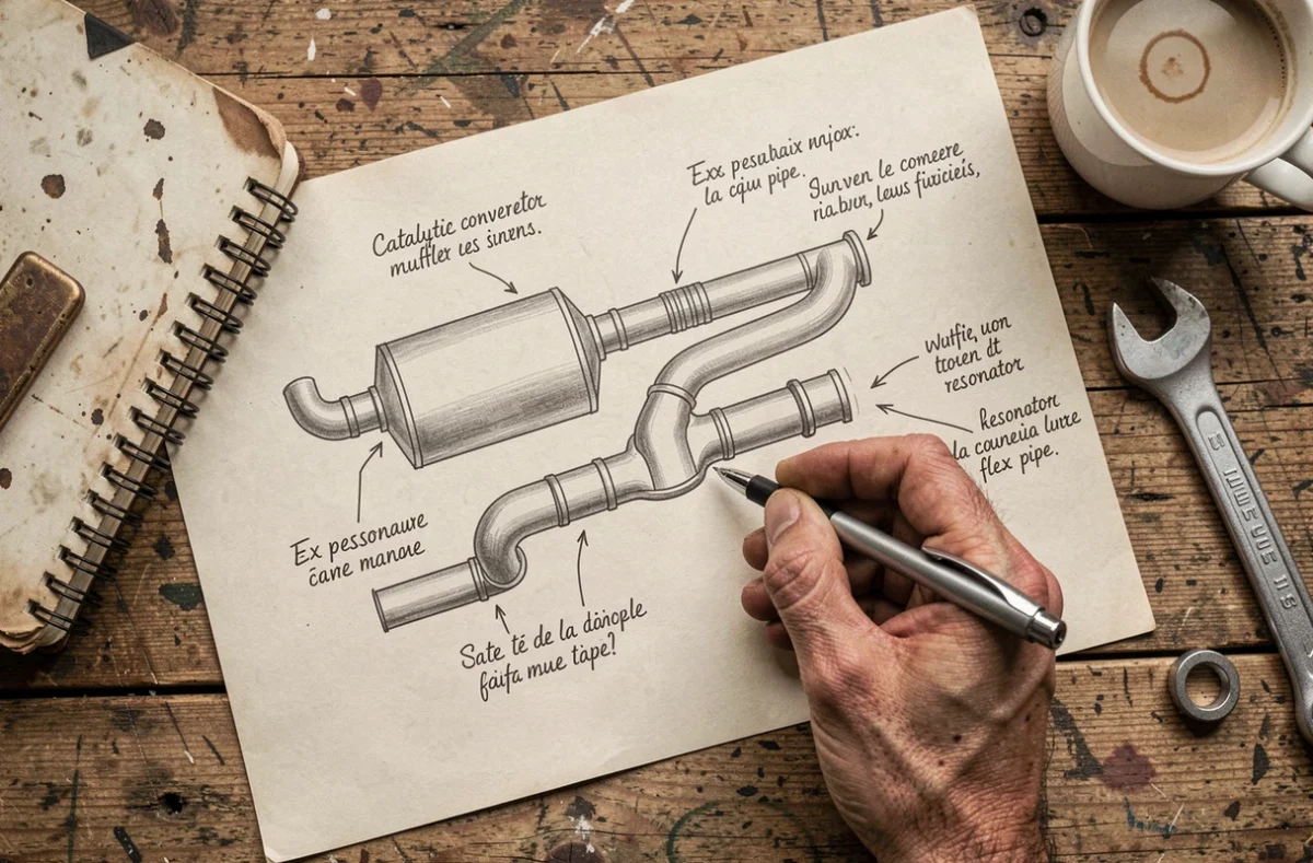 Schéma annoté de la ligne d'échappement d'une voiture posé sur un établi de garage avec des outils de mécanicien