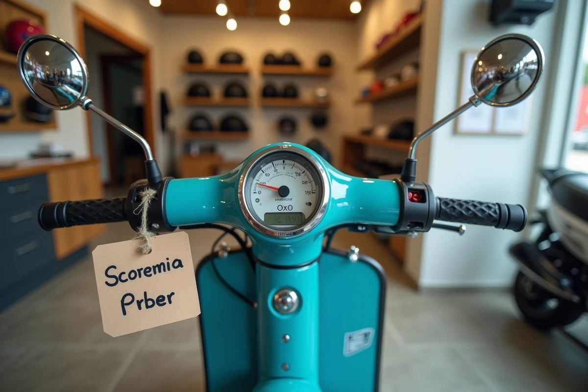 Scooter 50cc neuf avec étiquette de prix dans une concession accessible, illustration d'un achat abordable pour petits revenus