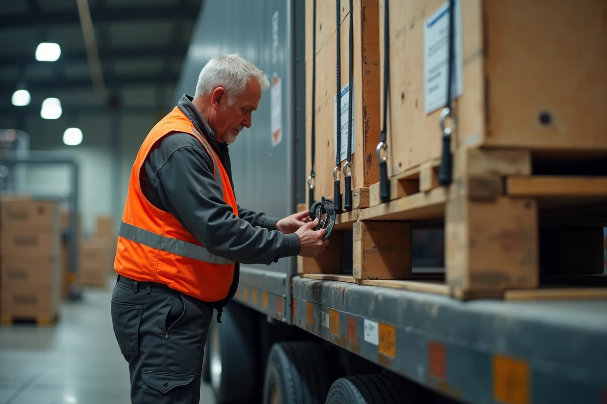Opérateur logistique vérifiant les sangles d'arrimage d'un poids lourd sur un quai de chargement industriel