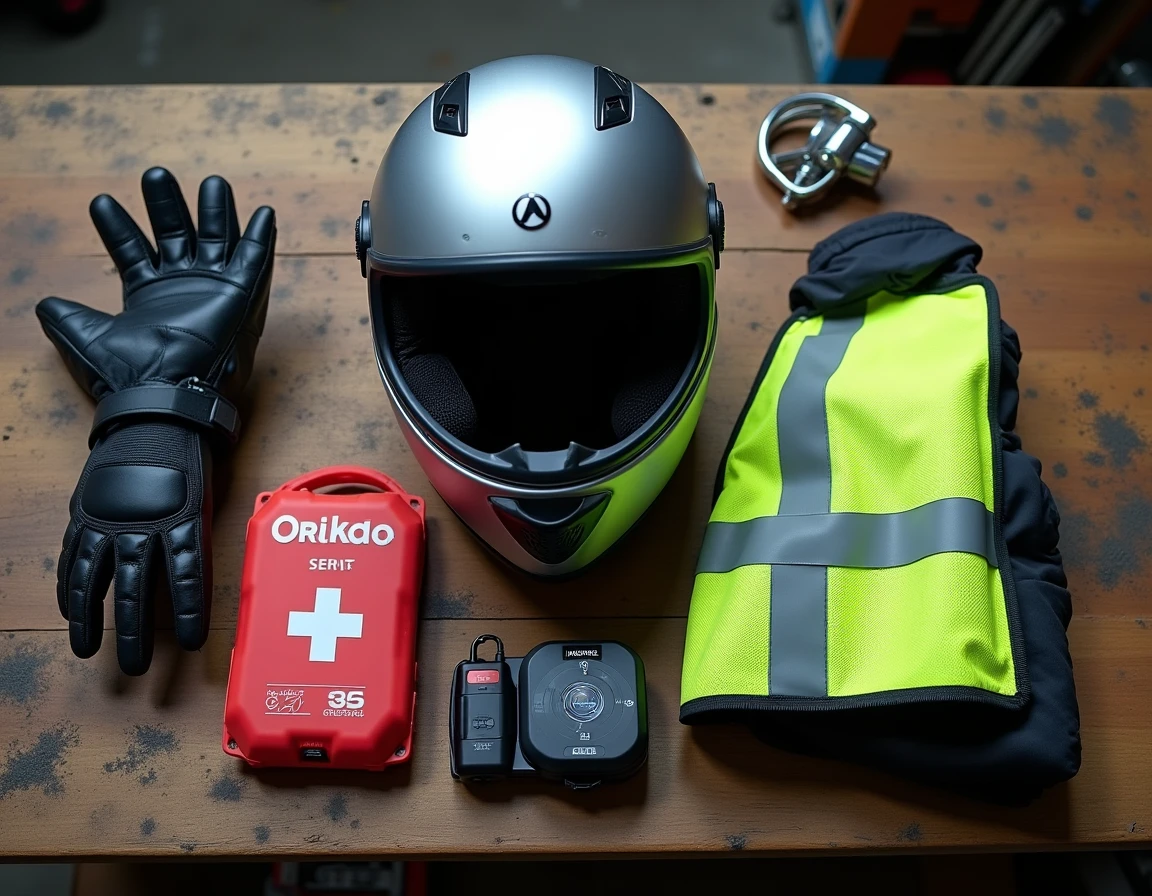 Sélection de cadeaux moto posés sur un établi en bois : casque modulable, gants, intercom et gilet haute visibilité