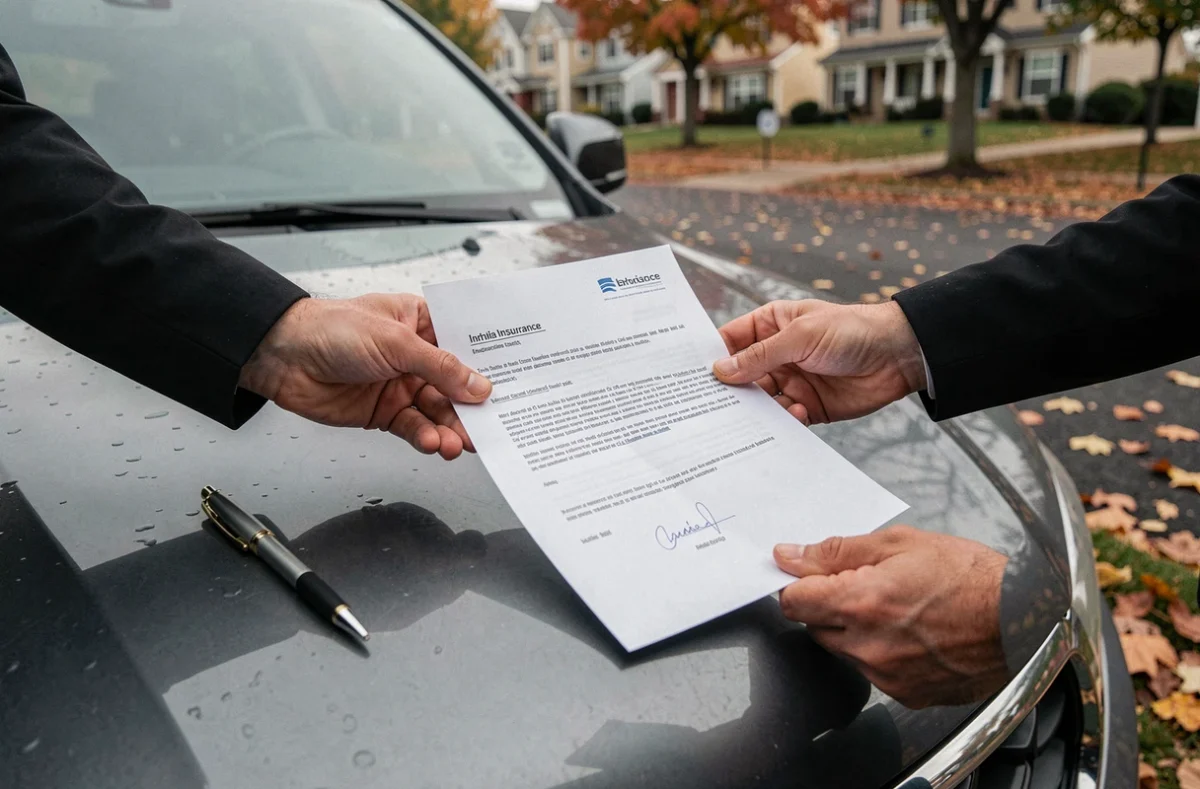 Signature d'un contrat d'assurance auto tous risques sur le capot d'un SUV dans une rue résidentielle en automne