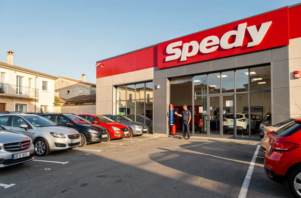 Façade extérieure du centre Speedy Montpellier avec un employé accueillant un client devant les baies de service