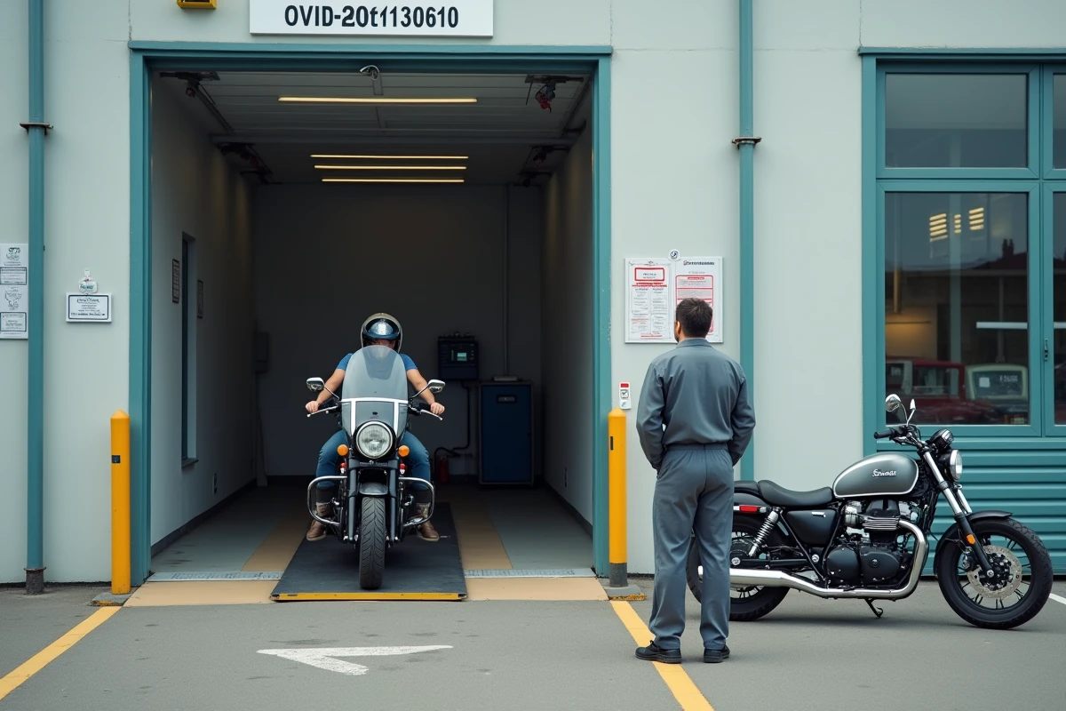 Station de contrôle technique deux roues avec technicien et moto sur plateforme de diagnostic