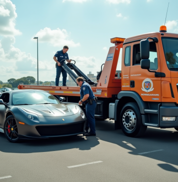 Opérateur de remorquage municipal attachant une voiture dans un parking urbain