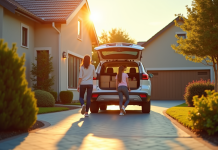 SUV moderne garé dans une allée familiale avec famille chargant les courses