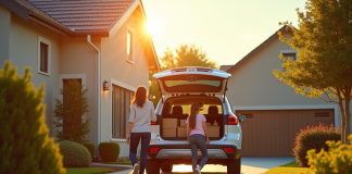 SUV moderne garé dans une allée familiale avec famille chargant les courses