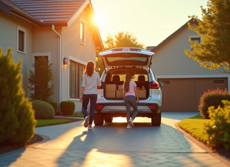 SUV moderne garé dans une allée familiale avec famille chargant les courses