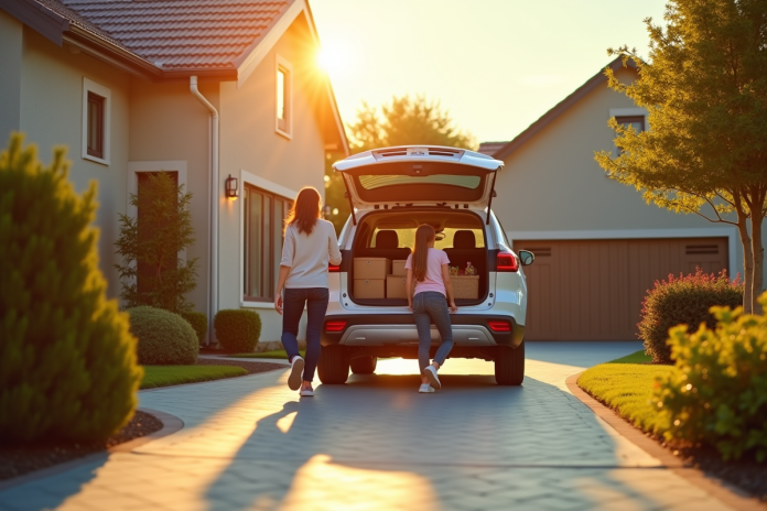 suv-familial-journee-enfants SUV moderne garé dans une allée familiale avec famille chargant les courses