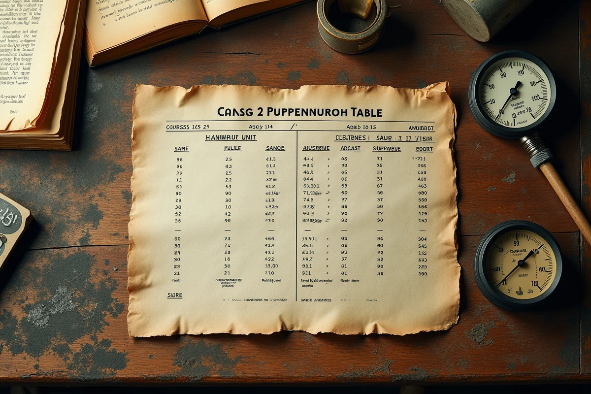 Tableau de conversion de cylindrée CC en puissance CV posé sur un établi de garage avec outillage vintage