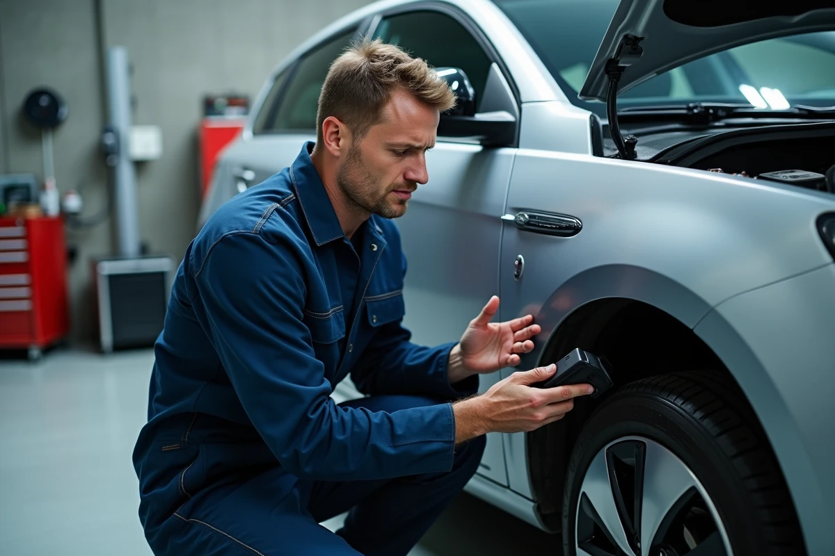 Technicien automobile connectant un scanner OBD2 sur une Peugeot pour diagnostiquer le code défaut P2563 récurrent